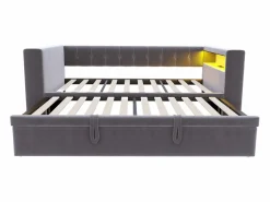 Outlet Sofá cama tapizado - 90/180 x 190 cm - con LED + enchufe + cama nido + estante - Franela - oscuro Cama Diván