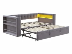 Outlet Sofá cama tapizado - 90/180 x 190 cm - con LED + enchufe + cama nido + estante - Franela - oscuro Cama Diván