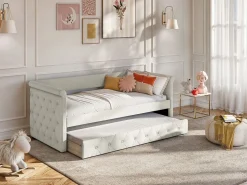Hot Vente-unique Sofá cama tapizado con cama nido, 2 x 90 x 190 cm, en tela - LOUISE Beige