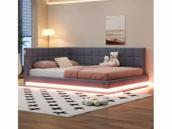 Discount ModernLuxe Sofá cama tapizado 160x200 cm - con banda luminosa LED - con toma USB - tejido de terciopelo - Gris