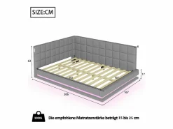 Discount ModernLuxe Sofá cama tapizado 160x200 cm - con banda luminosa LED - con toma USB - tejido de terciopelo - Gris