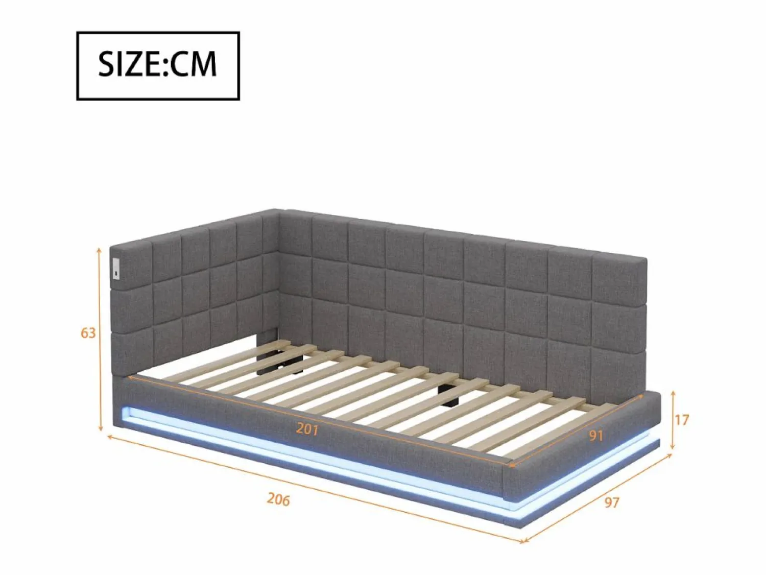 Outlet Sofá cama tapizado 90x200 cm - con banda luminosa LED - con toma USB - tejido de terciopelo - Cama Diván
