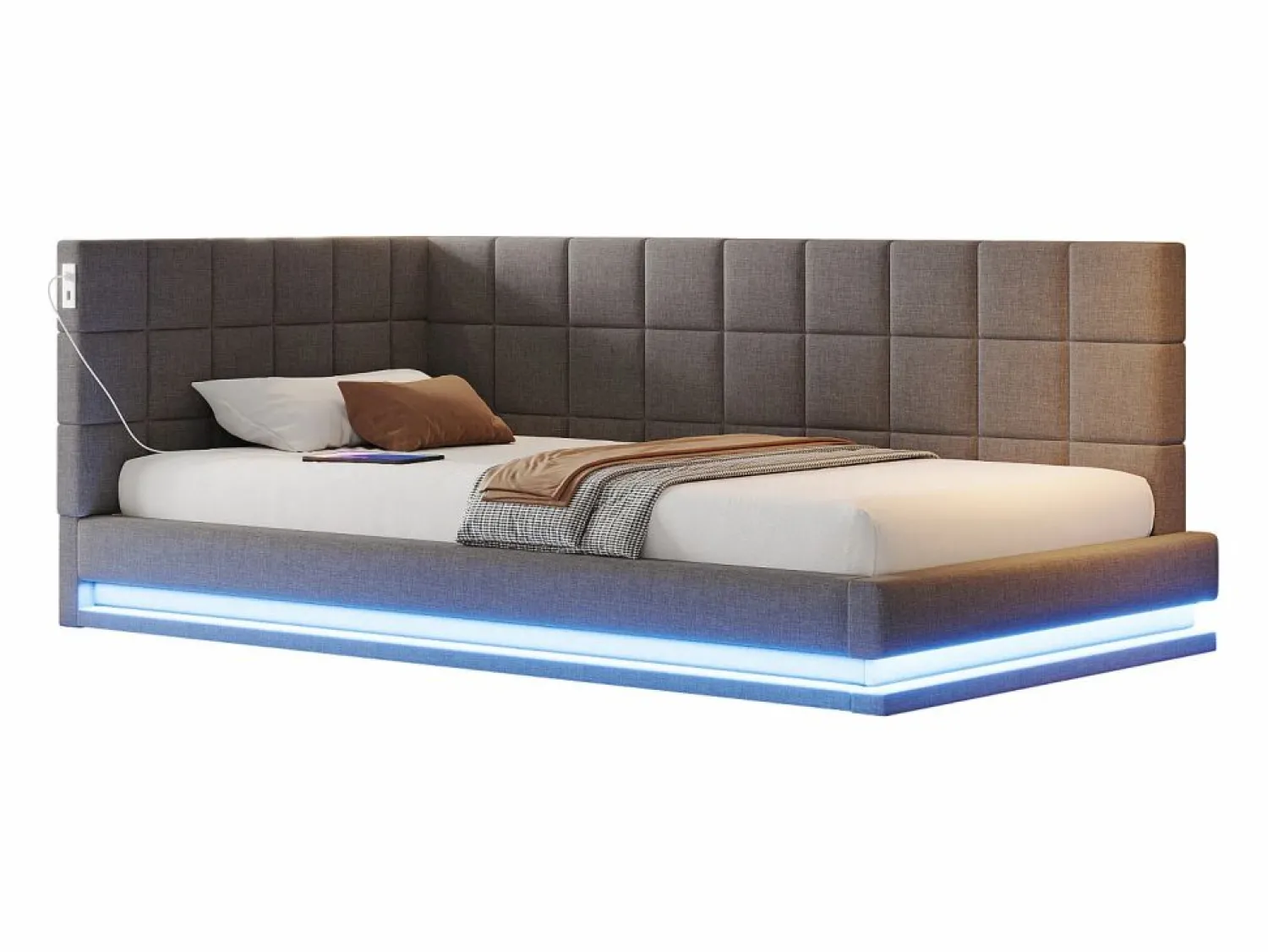 Outlet Sofá cama tapizado 90x200 cm - con banda luminosa LED - con toma USB - tejido de terciopelo - Cama Diván