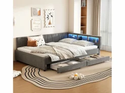 ModernLuxe Sofá cama 140x200 cm - con 2 cajones - con puertos USB + Type C - con luz LED - (colchón no incluido)