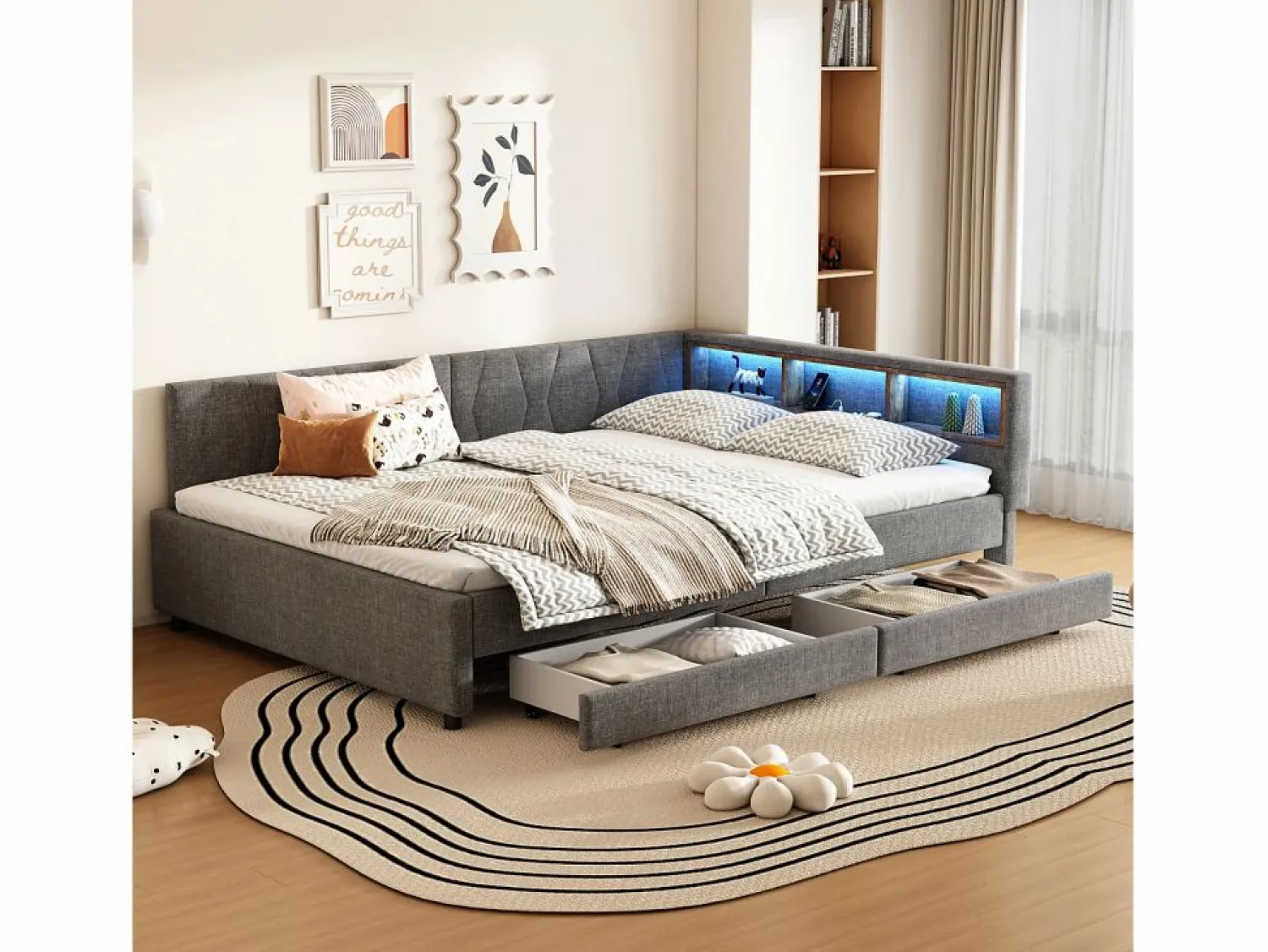 ModernLuxe Sofá cama 140x200 cm - con 2 cajones - con puertos USB + Type C - con luz LED - (colchón no incluido)