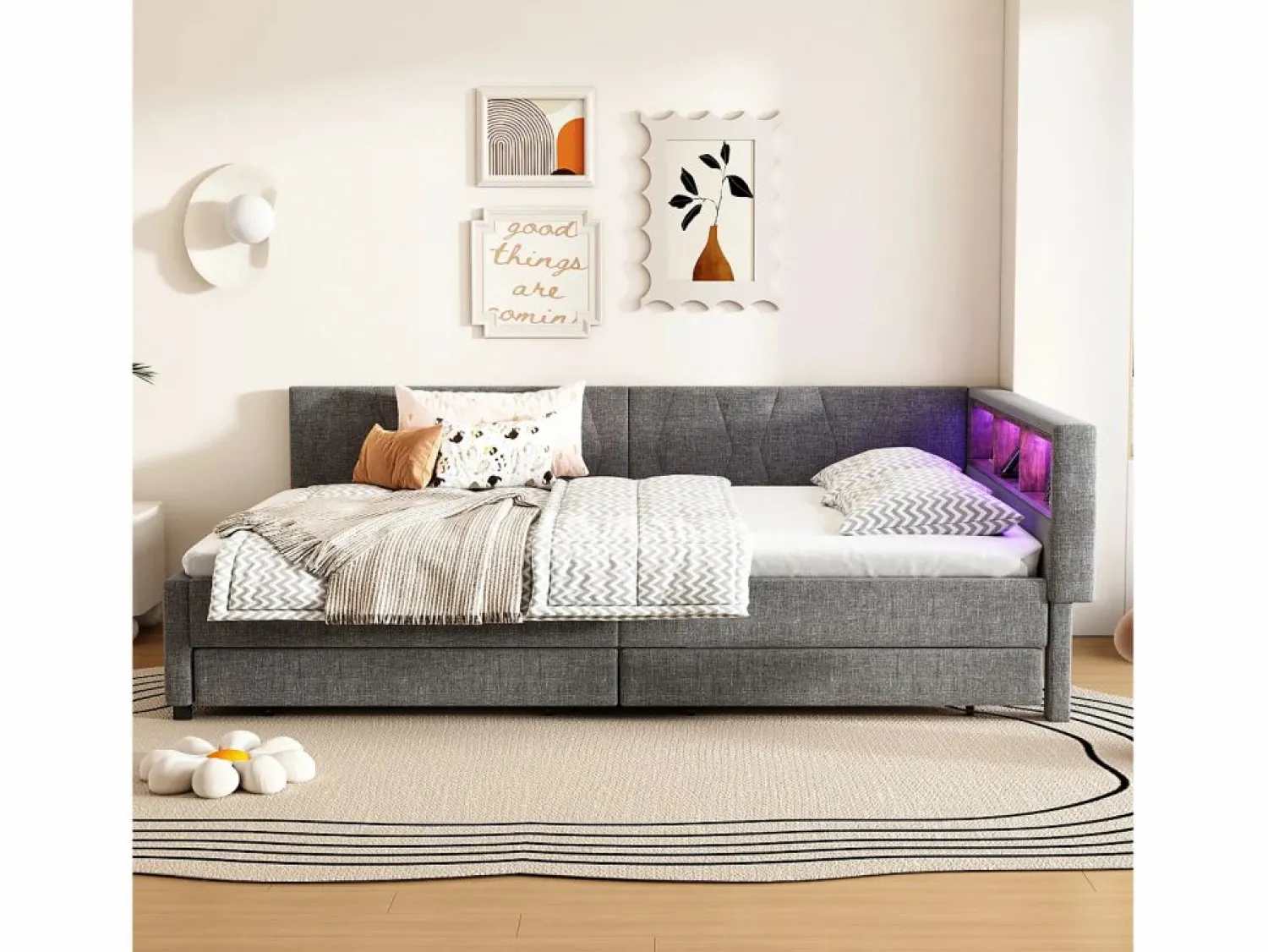 ModernLuxe Sofá cama 140x200 cm - con 2 cajones - con puertos USB + Type C - con luz LED - (colchón no incluido)