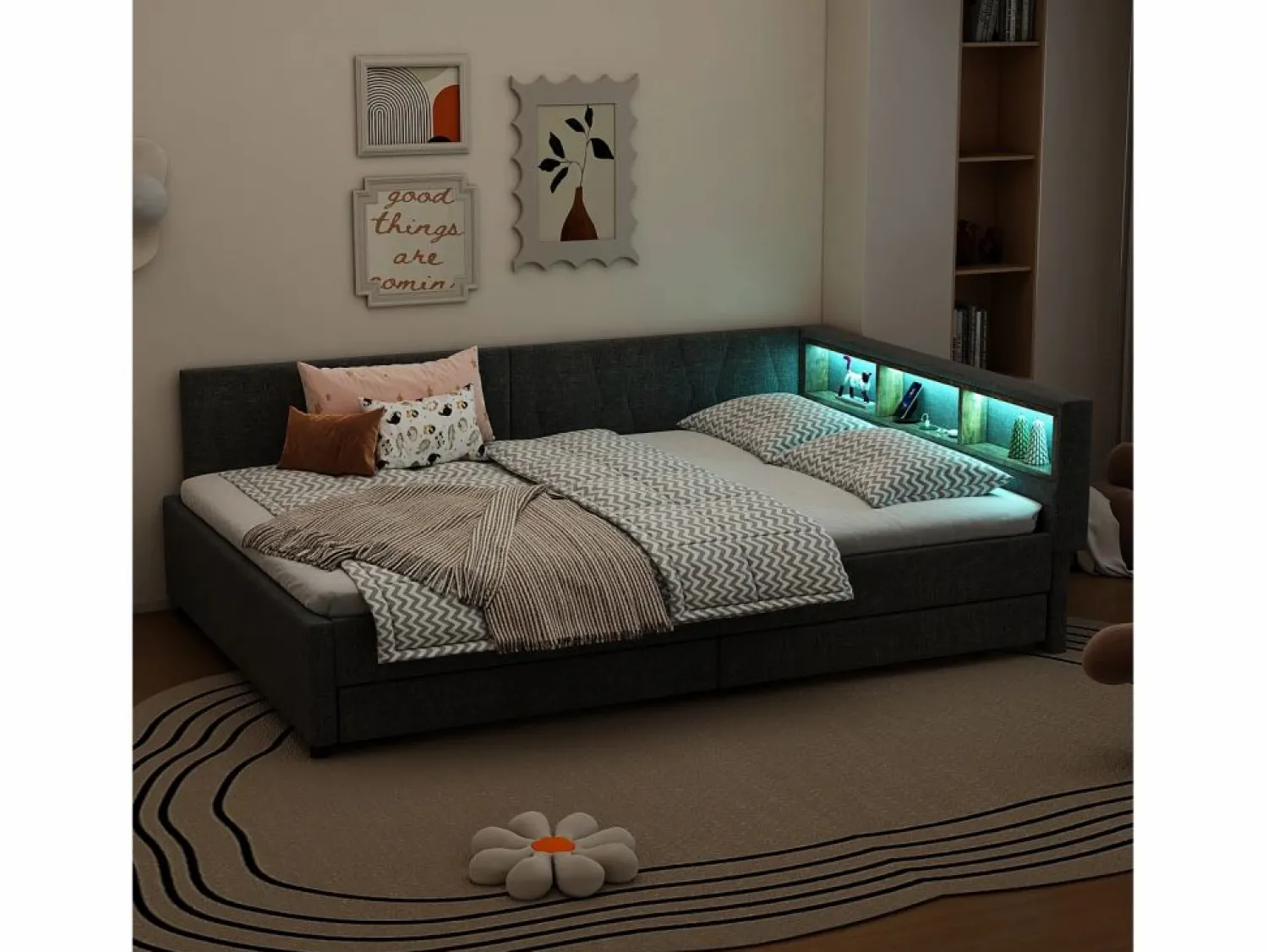 ModernLuxe Sofá cama 140x200 cm - con 2 cajones - con puertos USB + Type C - con luz LED - (colchón no incluido)