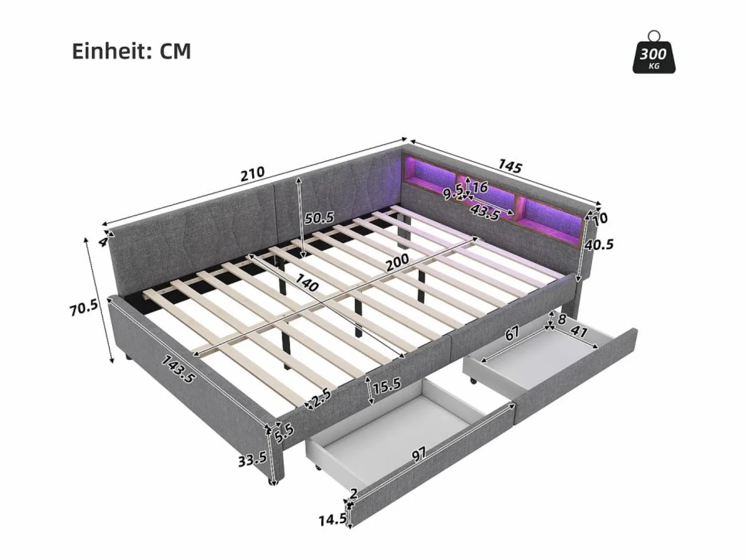 ModernLuxe Sofá cama 140x200 cm - con 2 cajones - con puertos USB + Type C - con luz LED - (colchón no incluido)