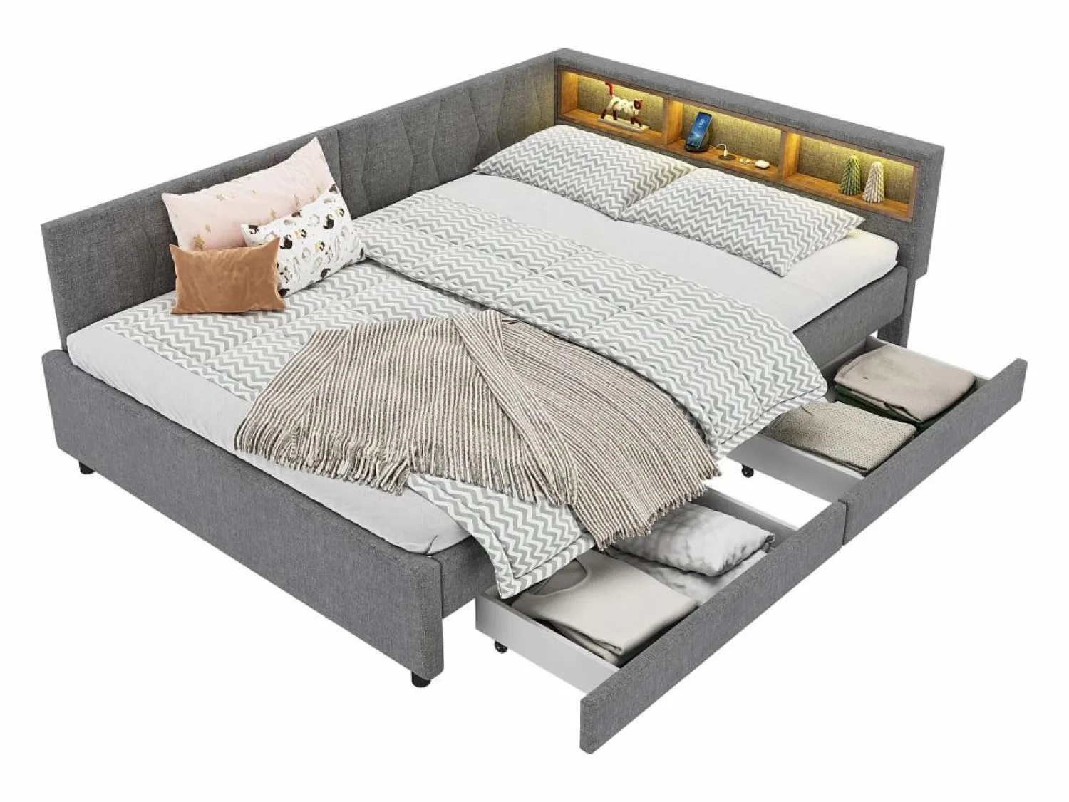 ModernLuxe Sofá cama 140x200 cm - con 2 cajones - con puertos USB + Type C - con luz LED - (colchón no incluido)