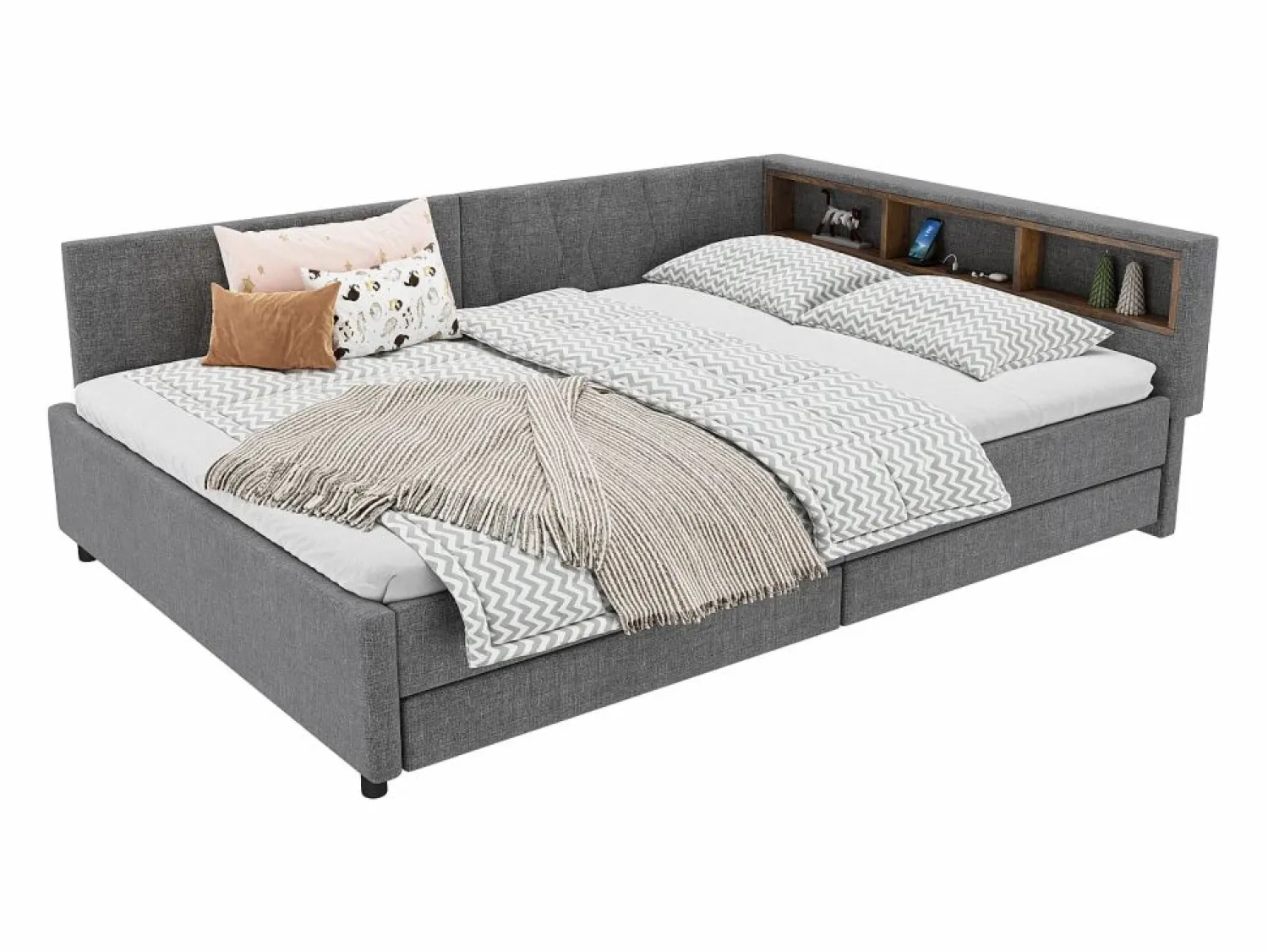 ModernLuxe Sofá cama 140x200 cm - con 2 cajones - con puertos USB + Type C - con luz LED - (colchón no incluido)