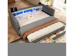 ModernLuxe Sofá cama 90x190 cm - con cama nido - con puertos USB + Type-C - con 2 cajones - banda luminosa LED - (colchón no incluido)