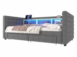 ModernLuxe Sofá cama 90x190 cm - con cama nido - con puertos USB + Type-C - con 2 cajones - banda luminosa LED - (colchón no incluido)
