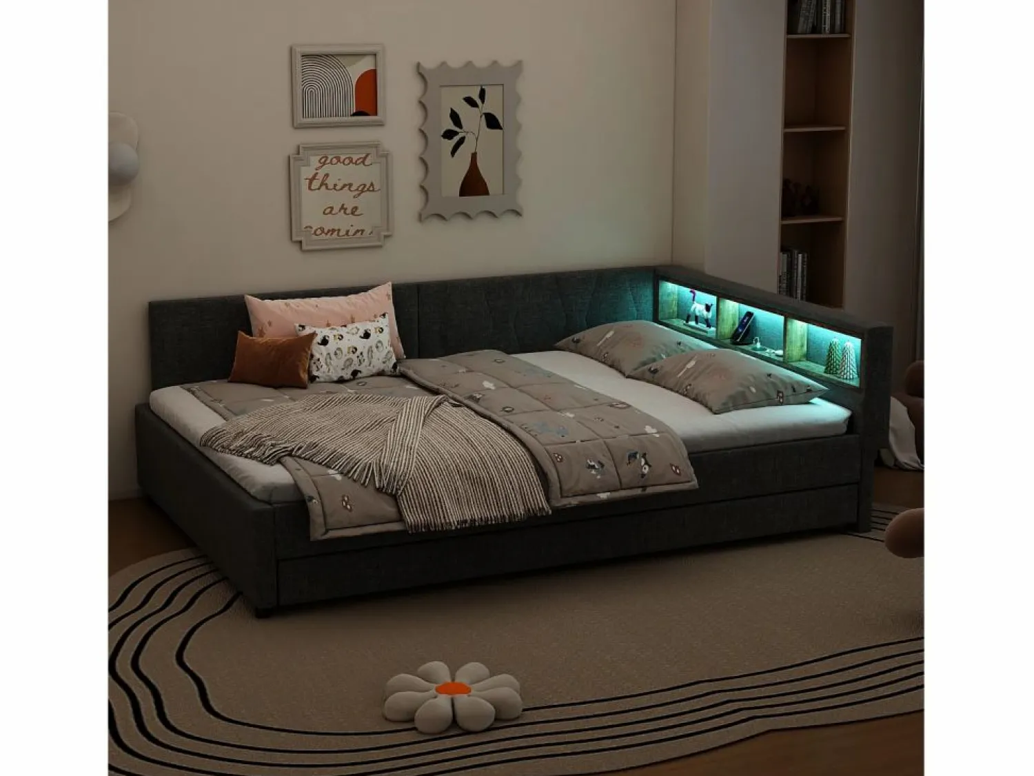 Sale Sofá cama 140x200 cm - con cama nido - con puertos USB + Type C - con iluminación LED - (colchón no incluido) Cama Diván|Cama Nido