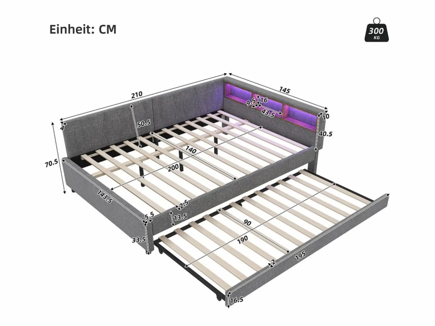 Sale Sofá cama 140x200 cm - con cama nido - con puertos USB + Type C - con iluminación LED - (colchón no incluido) Cama Diván|Cama Nido