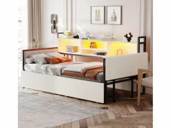 Online ModernLuxe Sofá cama 90x200 cm - con iluminación LED - con 2 cajones - toma de corriente - escritorio plegable - (colchón no incluido) Blanco