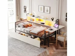 Online ModernLuxe Sofá cama 90x200 cm - con iluminación LED - con 2 cajones - toma de corriente - escritorio plegable - (colchón no incluido) Blanco