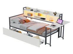 Online ModernLuxe Sofá cama 90x200 cm - con iluminación LED - con 2 cajones - toma de corriente - escritorio plegable - (colchón no incluido) Blanco