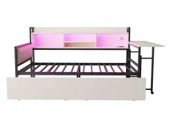 Online ModernLuxe Sofá cama 90x200 cm - con iluminación LED - con 2 cajones - toma de corriente - escritorio plegable - (colchón no incluido) Blanco