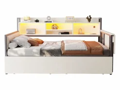 Online ModernLuxe Sofá cama 90x200 cm - con iluminación LED - con 2 cajones - toma de corriente - escritorio plegable - (colchón no incluido) Blanco