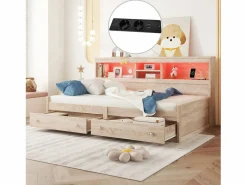 Hot Sofá cama 90x200 cm - con toma USB y 2 cajones - somier de láminas - Natural Cama Diván