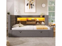 Clearance Sofá cama 90x200cm - con cama nido - con iluminación LED y espacio de almacenamiento - con USB - tejido de lino - ​ (colchón no incluido) Cama Diván|Cama Con Almacenaje