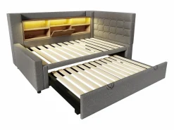 Clearance Sofá cama 90x200cm - con cama nido - con iluminación LED y espacio de almacenamiento - con USB - tejido de lino - ​ (colchón no incluido) Cama Diván|Cama Con Almacenaje