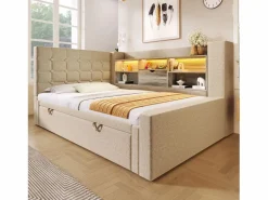 ModernLuxe Sofá cama 90x200cm - con cama nido - con iluminación LED y espacio de almacenamiento - con USB - tejido de lino - ​ (colchón no incluido)
