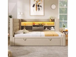 ModernLuxe Sofá cama 90x200cm - con cama nido - con iluminación LED y espacio de almacenamiento - con USB - tejido de lino - ​ (colchón no incluido)
