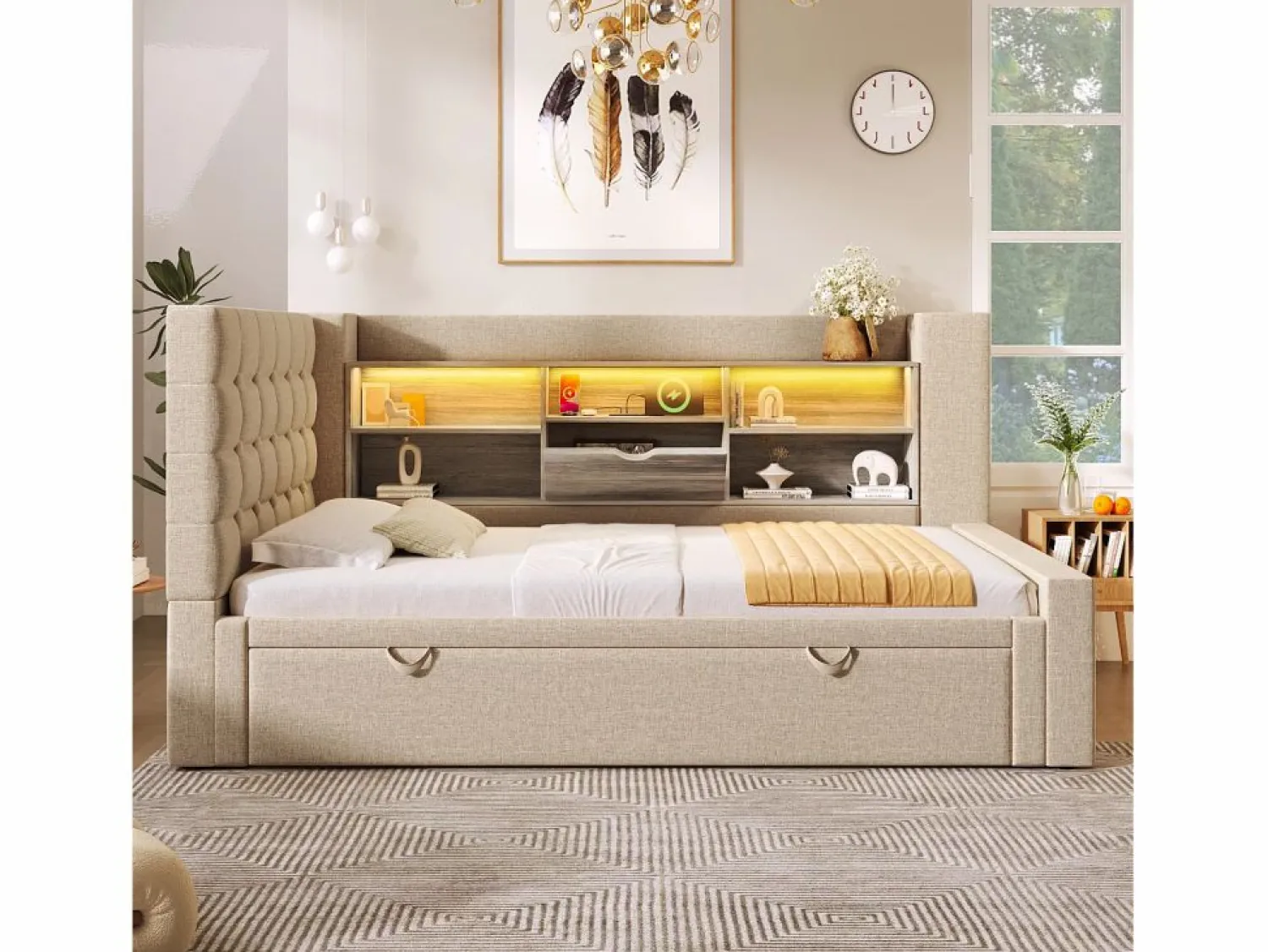 ModernLuxe Sofá cama 90x200cm - con cama nido - con iluminación LED y espacio de almacenamiento - con USB - tejido de lino - (colchón no incluido)