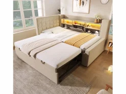 ModernLuxe Sofá cama 90x200cm - con cama nido - con iluminación LED y espacio de almacenamiento - con USB - tejido de lino - (colchón no incluido)