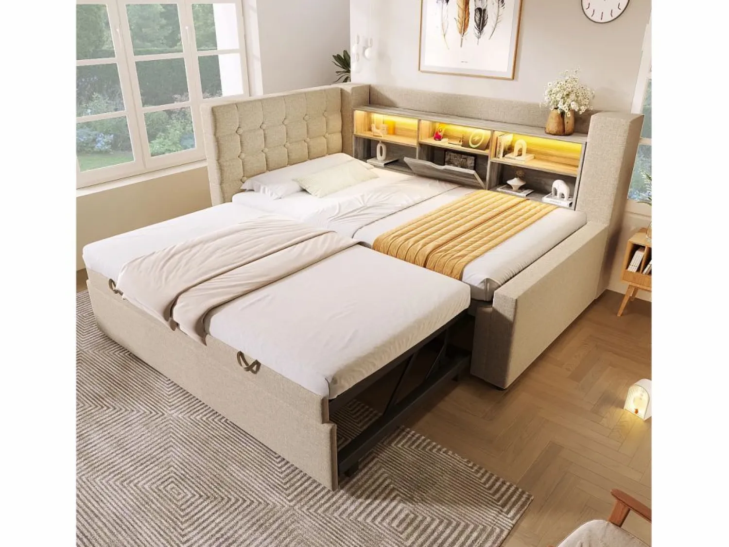 ModernLuxe Sofá cama 90x200cm - con cama nido - con iluminación LED y espacio de almacenamiento - con USB - tejido de lino - (colchón no incluido)