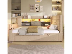 ModernLuxe Sofá cama 90x200cm - con cama nido - con iluminación LED y espacio de almacenamiento - con USB - tejido de lino - (colchón no incluido)