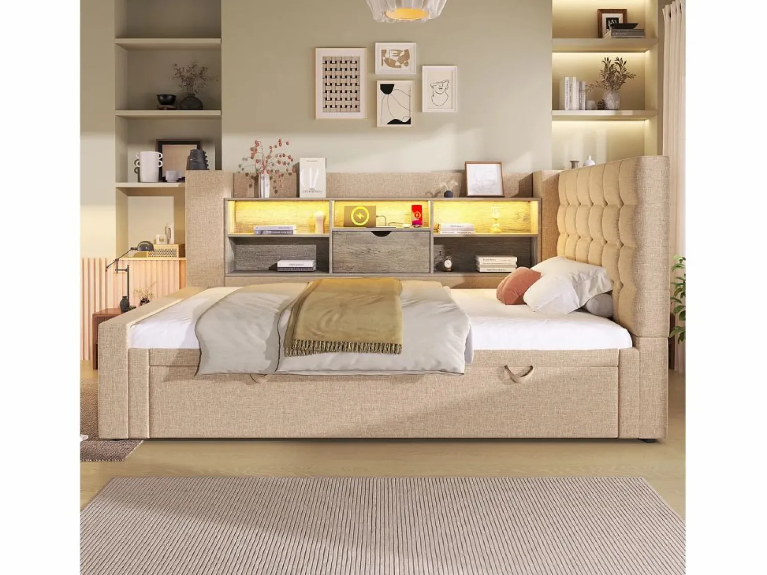 ModernLuxe Sofá cama 90x200cm - con cama nido - con iluminación LED y espacio de almacenamiento - con USB - tejido de lino - (colchón no incluido)