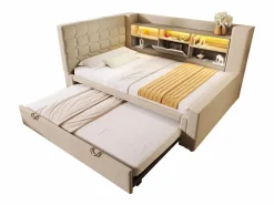 ModernLuxe Sofá cama 90x200cm - con cama nido - con iluminación LED y espacio de almacenamiento - con USB - tejido de lino - (colchón no incluido)