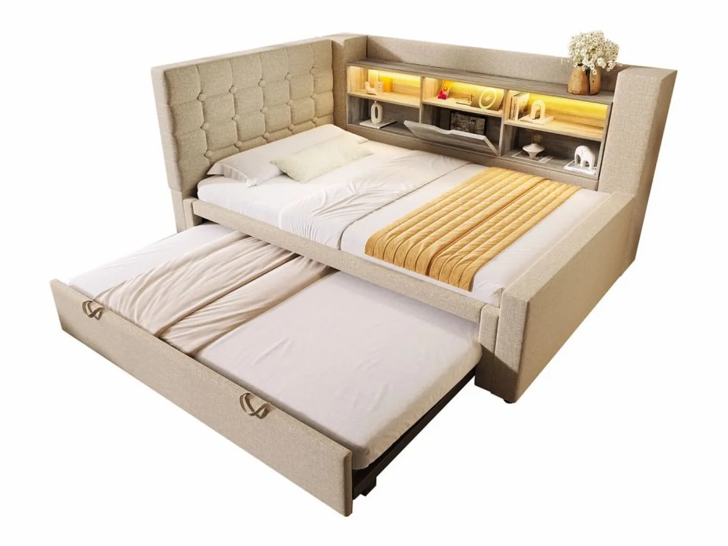 ModernLuxe Sofá cama 90x200cm - con cama nido - con iluminación LED y espacio de almacenamiento - con USB - tejido de lino - (colchón no incluido)