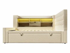 ModernLuxe Sofá cama 90x200cm - con cama nido - con iluminación LED y espacio de almacenamiento - con USB - tejido de lino - (colchón no incluido)