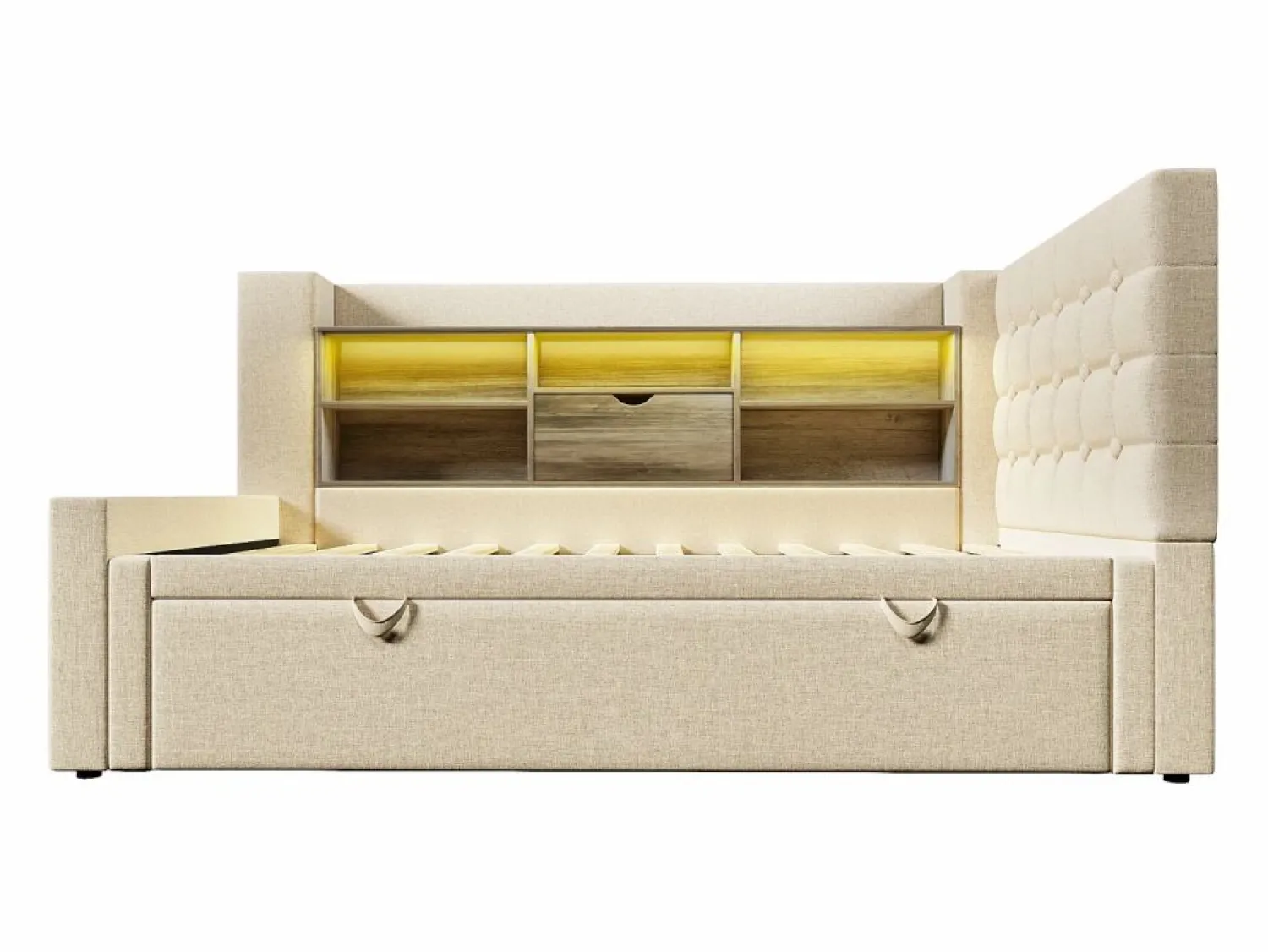 ModernLuxe Sofá cama 90x200cm - con cama nido - con iluminación LED y espacio de almacenamiento - con USB - tejido de lino - (colchón no incluido)