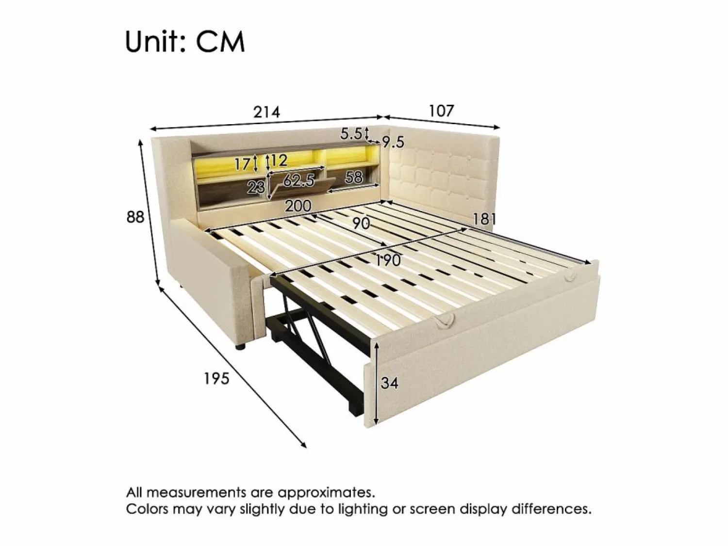 ModernLuxe Sofá cama 90x200cm - con cama nido - con iluminación LED y espacio de almacenamiento - con USB - tejido de lino - (colchón no incluido)