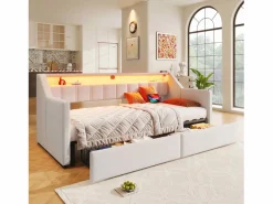 New ModernLuxe Sofá cama 90x200cm - con USB + Type-C - con iluminación LED - con 2 cajones - (sin colchón) Beige