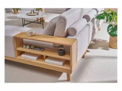 Outlet Miliboo Sofá chaise longue a la derecha 5 plazas con almacenaje de tela texturizada efecto aterciopelado y madera clara KOMAO Beige