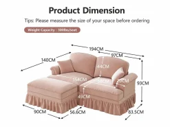 Discount Sofá chesterfield 2 plazas en felpa - con otomana y 2 cojines - falda desmontable - 194x140x93cm Sofás Club|Sofá Rinconera