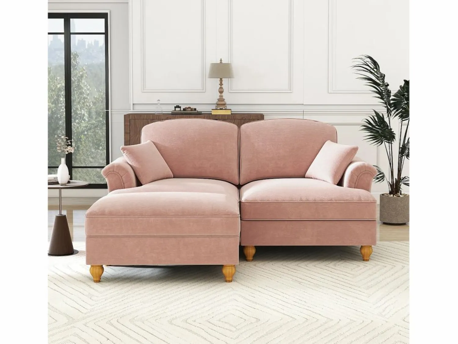 Discount Sofá chesterfield 2 plazas en felpa - con otomana y 2 cojines - falda desmontable - 194x140x93cm Sofás Club|Sofá Rinconera