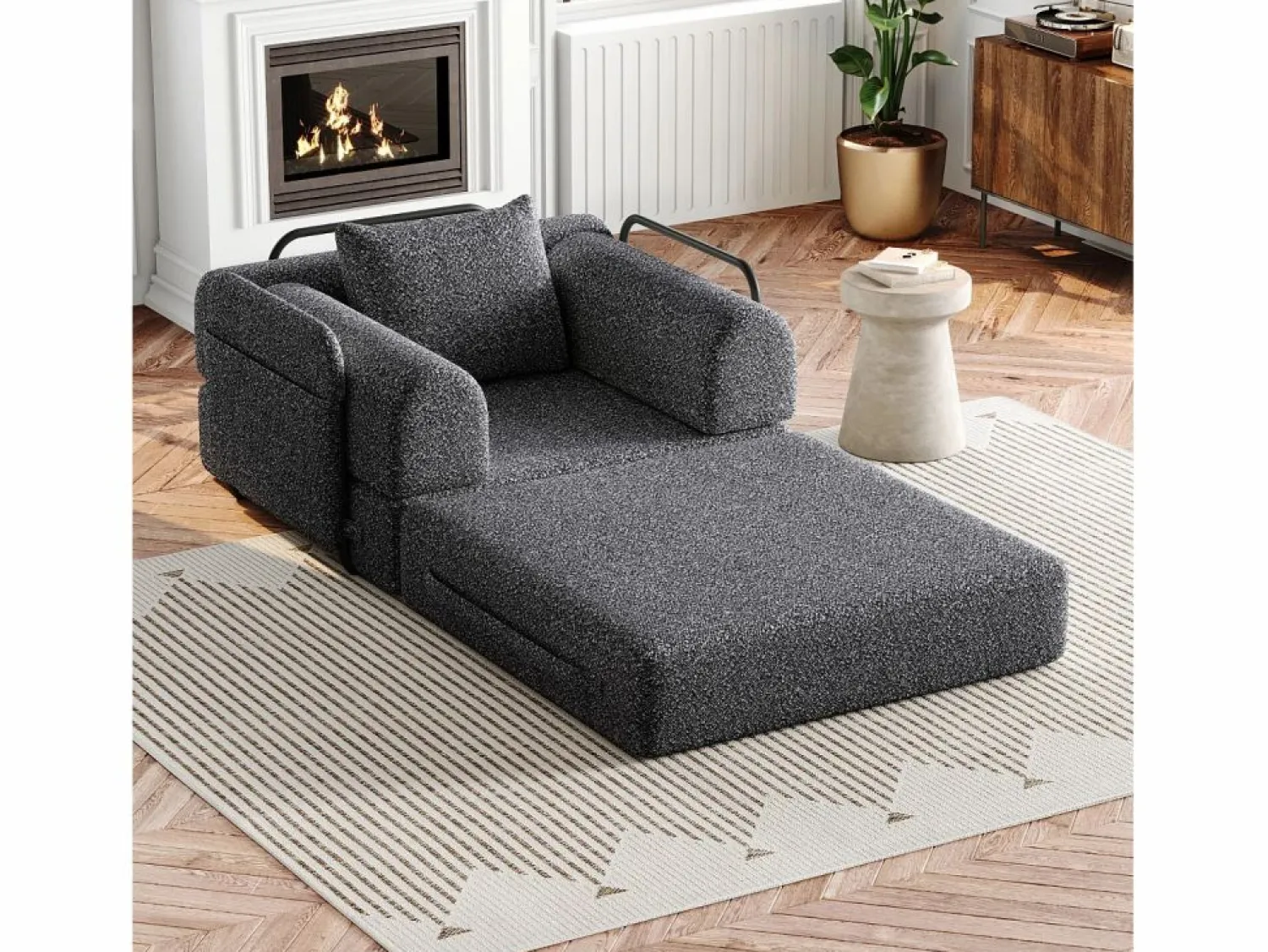OKWISH Sofá convertible con reposabrazos acolchados y bolsillos laterales, estructura de metal - Chenilla