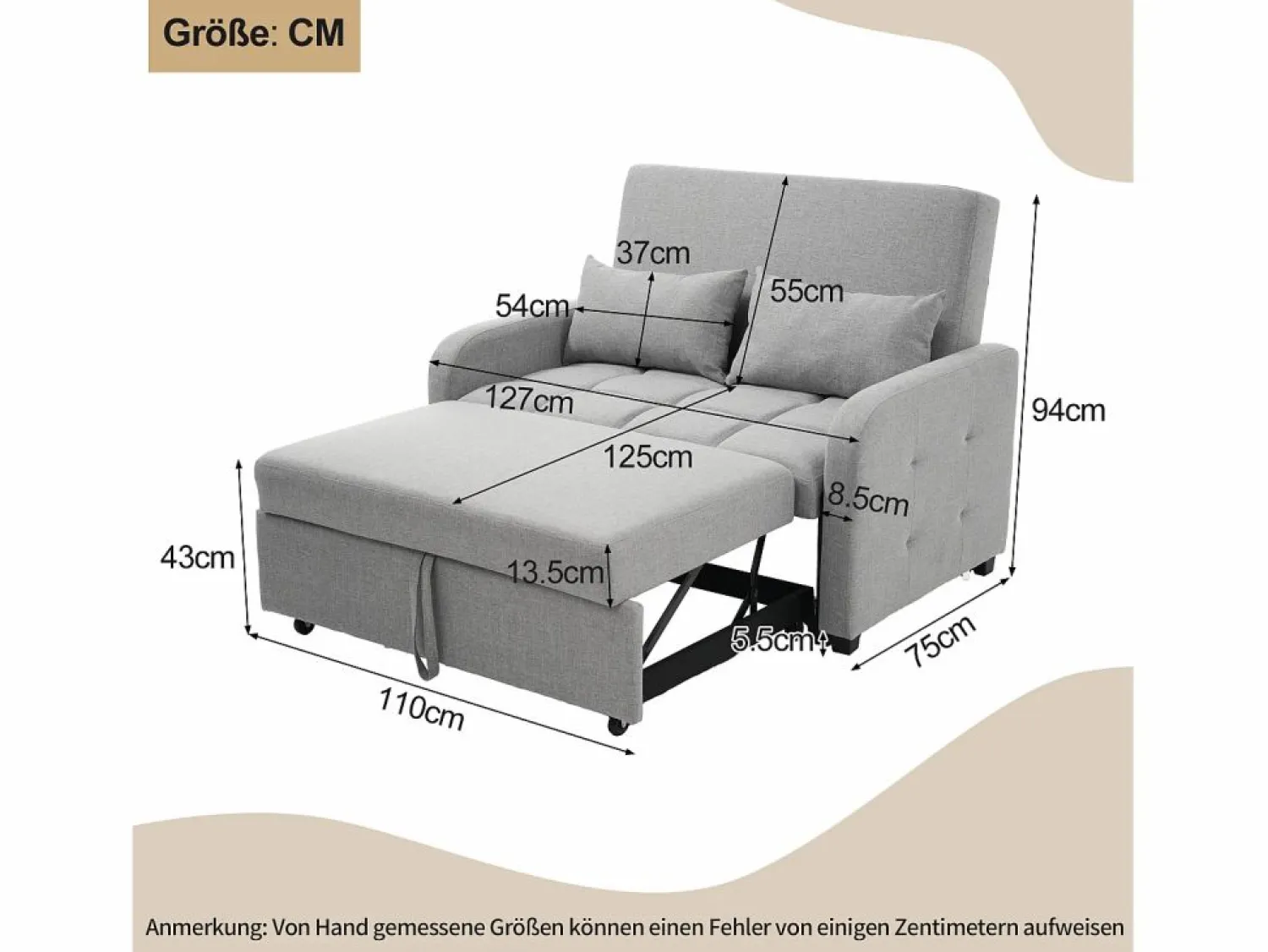 Discount Hauss Spole Sofá convertible de 2 plazas con respaldo regulable y 2 cojines - Tejido de lino Gris