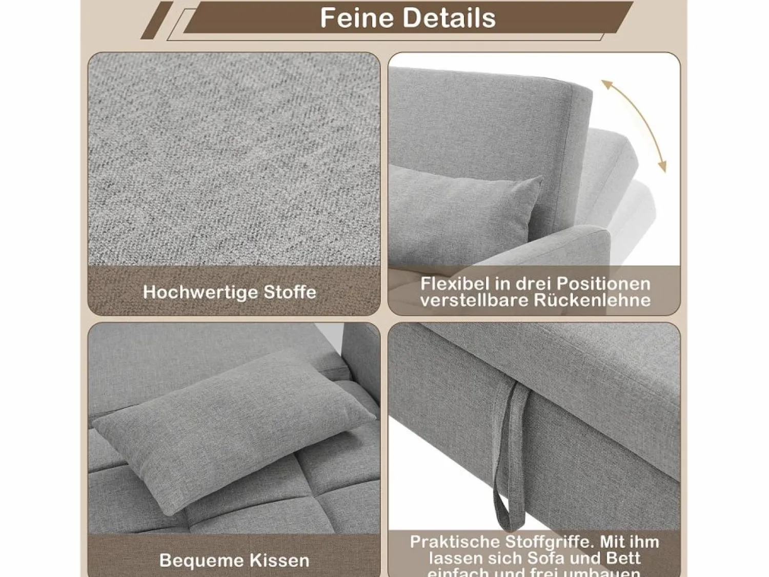 Discount Hauss Spole Sofá convertible de 2 plazas con respaldo regulable y 2 cojines - Tejido de lino Gris
