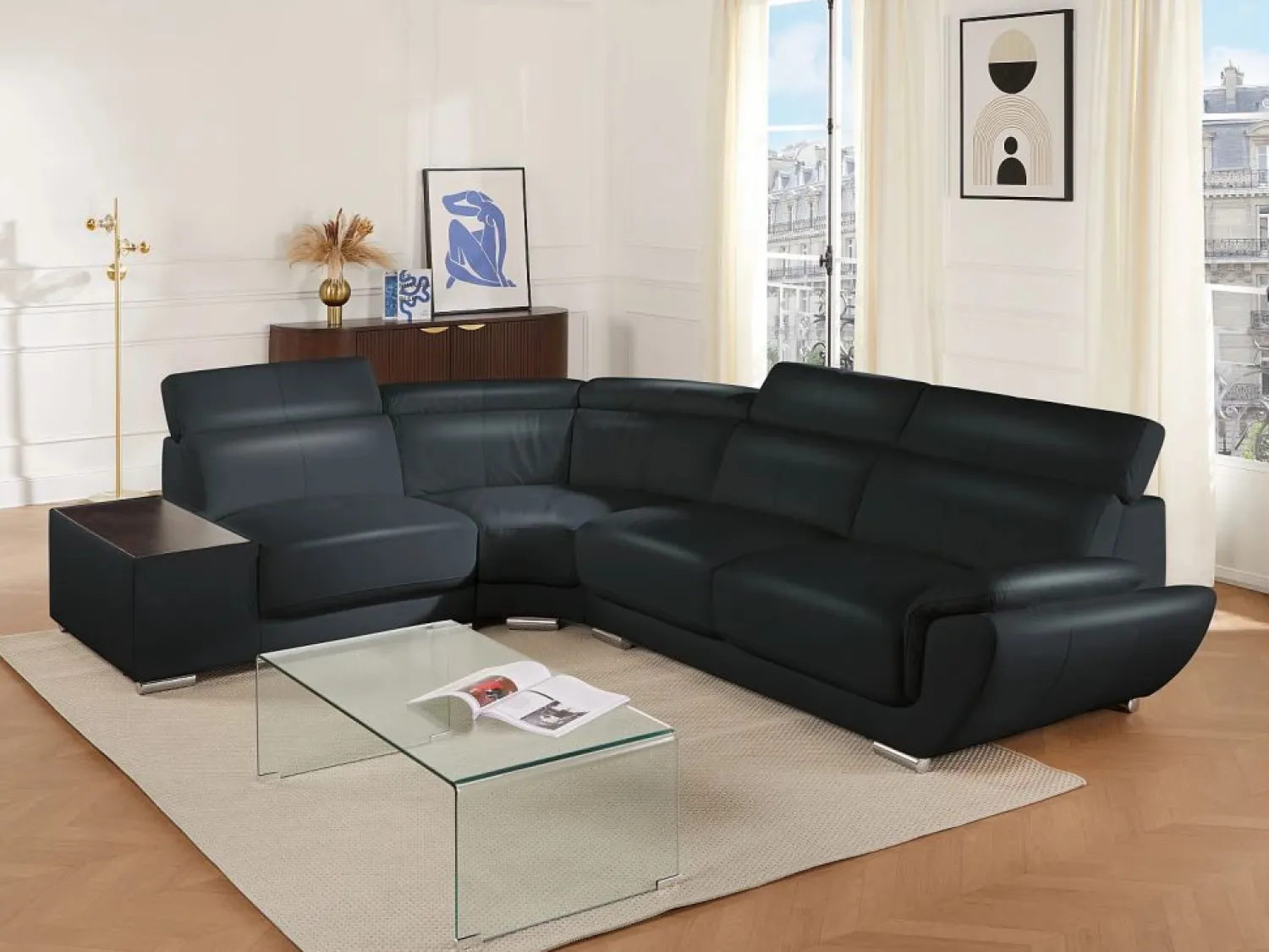 LINEA SOFA Sofá Cuero vacuno color ángulo izquierdo NAHIA Negro