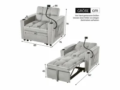 Hot Sofá de 1 plaza - Sillón con portavasos y soporte para teléfono - terciopelo gris y blanco Gris claro