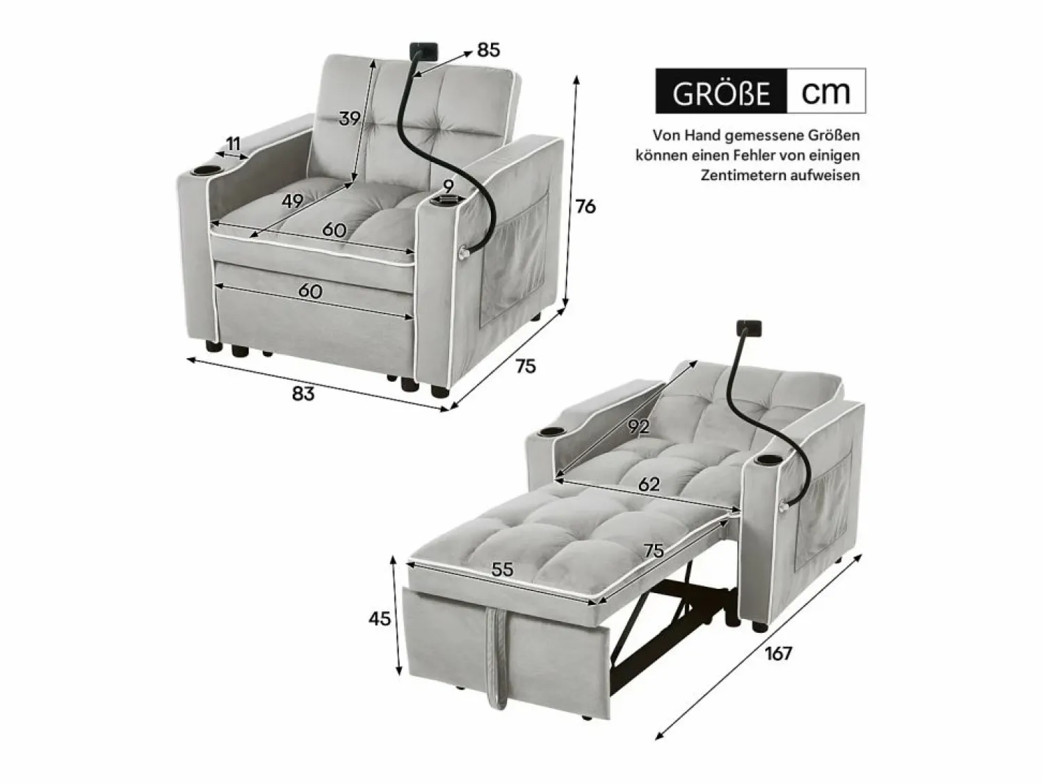 Hot Sofá de 1 plaza - Sillón con portavasos y soporte para teléfono - terciopelo gris y blanco Gris claro
