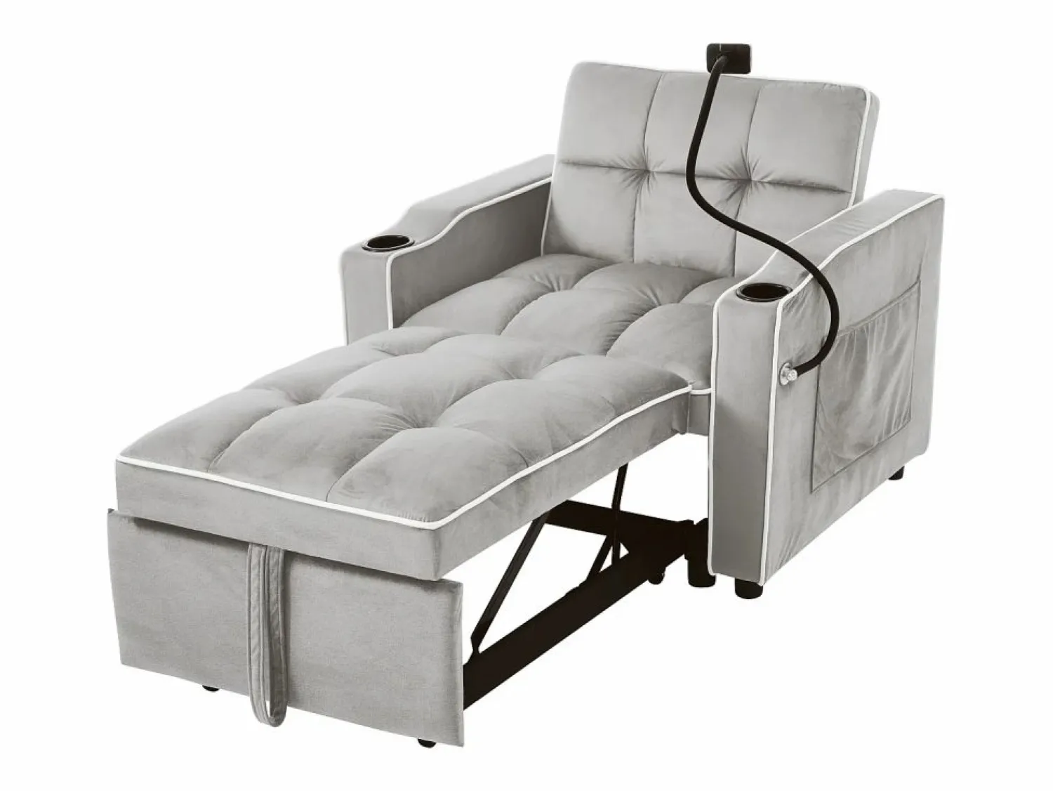 Hot Sofá de 1 plaza - Sillón con portavasos y soporte para teléfono - terciopelo gris y blanco Gris claro