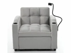 Hot Sofá de 1 plaza - Sillón con portavasos y soporte para teléfono - terciopelo gris y blanco Gris claro